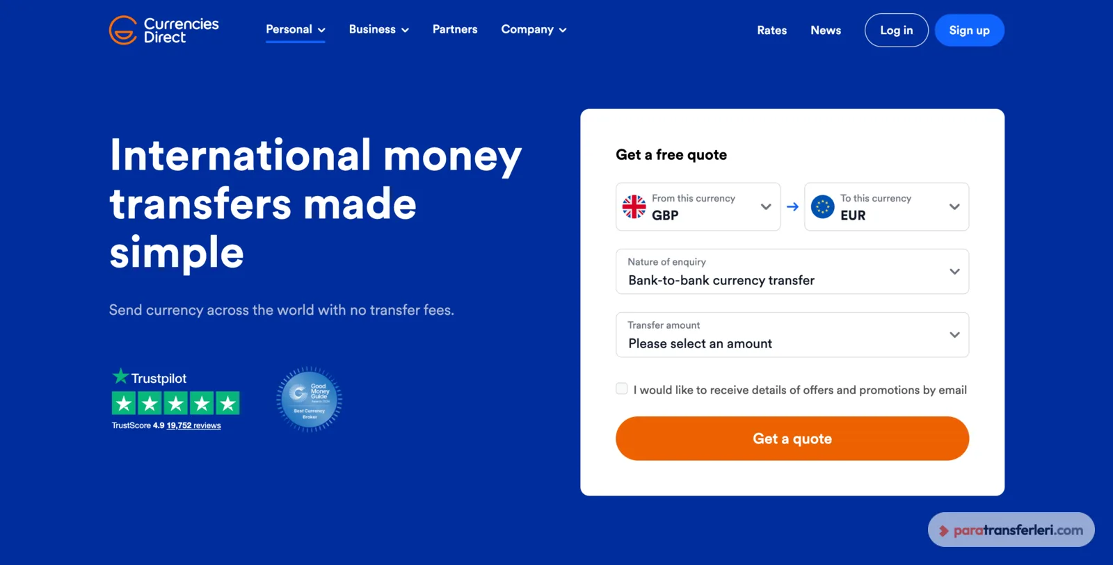 Currencies Direct teklif formu: gönderilecek ve alınacak para birimi ile tutar seçimi