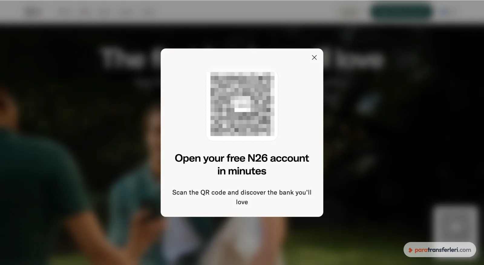 N26 kayıt penceresi: masaüstünden kayıt yok, site QR kod ile mobil uygulamaya yönlendiriyor (kod bulanıklaştırıldı)