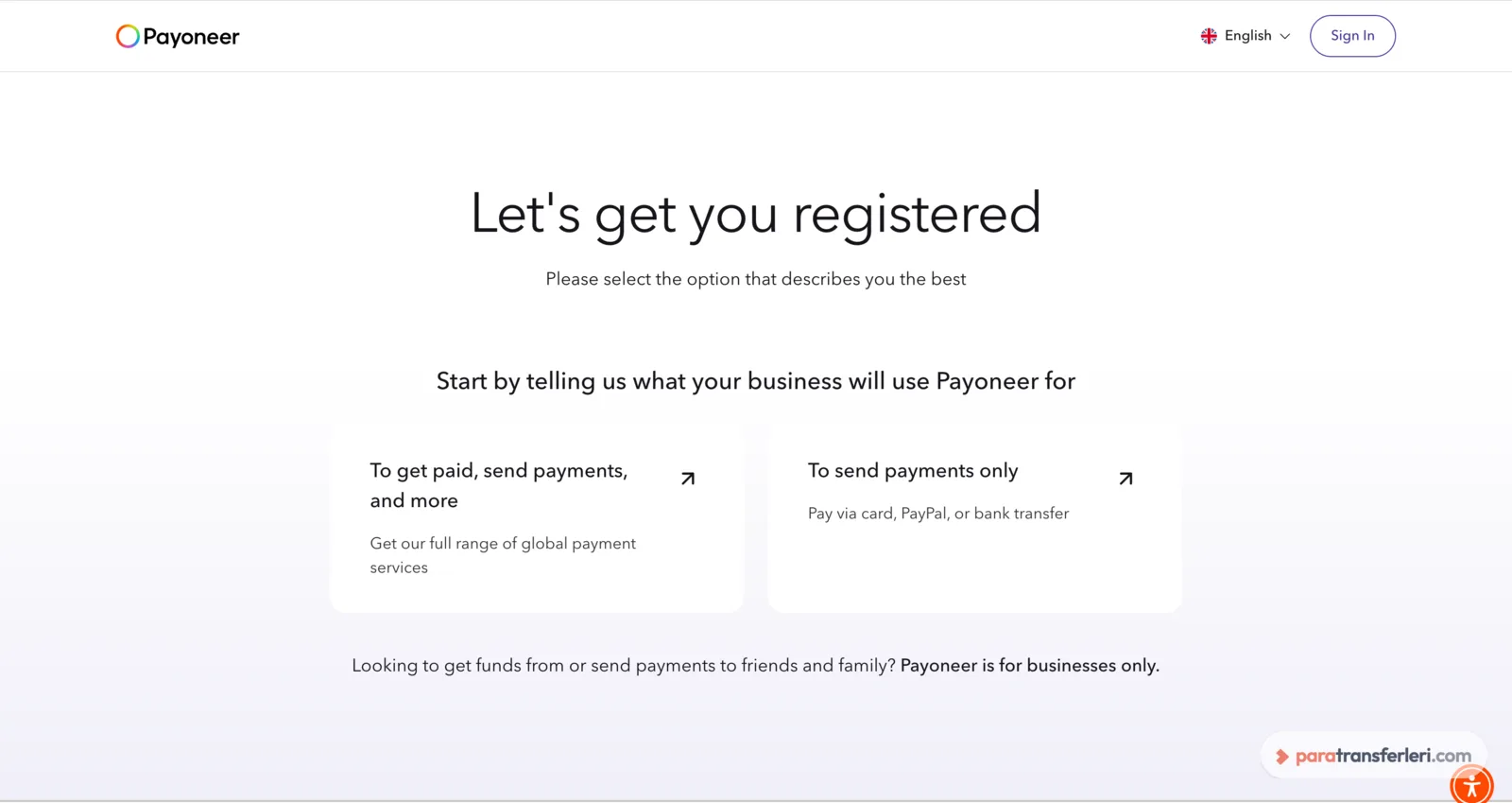 Payoneer kayıt ekranı: hesabın hangi amaçla kullanılacağının seçimi