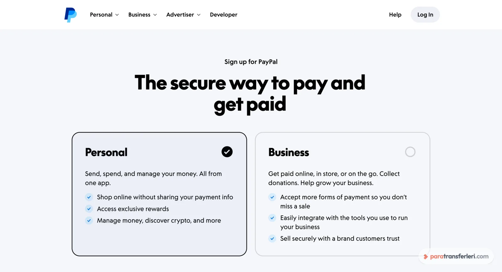 PayPal kayıt ekranı: bireysel veya ticari hesap seçimi