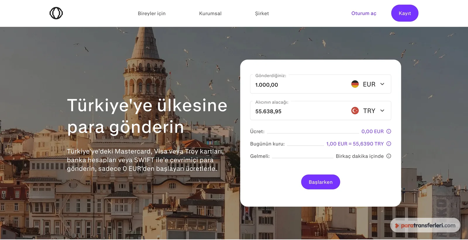 Paysend Türkiye gönderim ekranı: 1.000 EUR karşılığı TRY, kur ve transfer ücreti