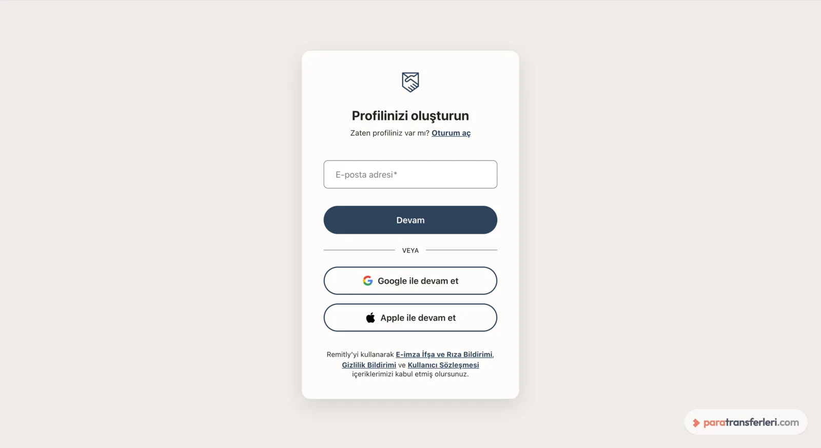 Remitly kayıt ekranı: e-posta adresiyle profil oluşturma adımı