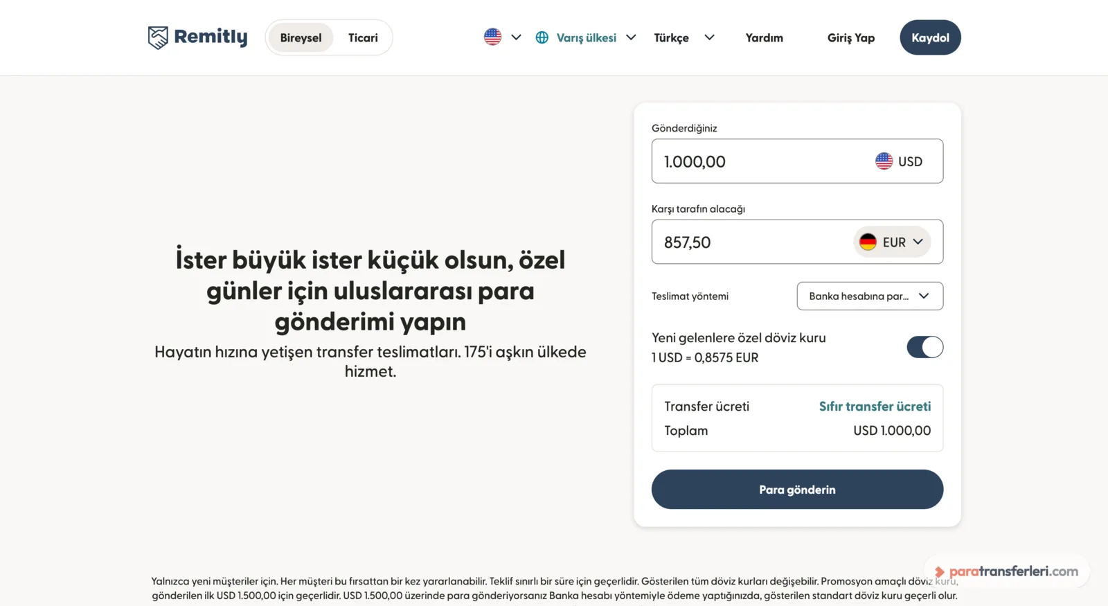 Remitly gönderim ekranı: tutar, döviz kuru ve transfer ücreti satırı