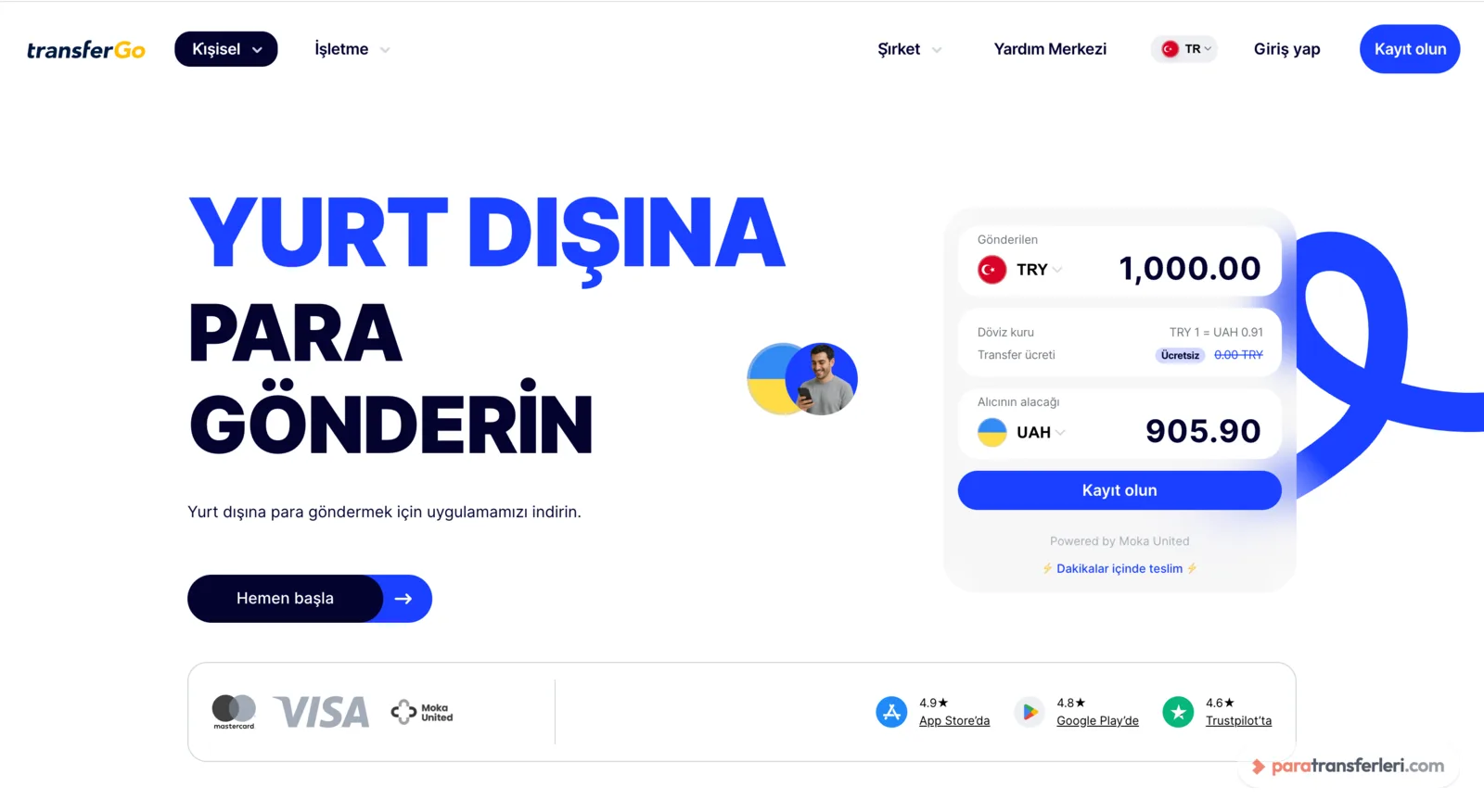 TransferGo gönderim ekranı: 1.000 TRY karşılığı tutar, kur ve transfer ücreti