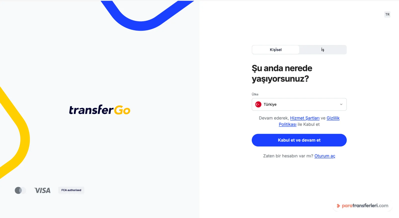 TransferGo kayıt ekranı: ikamet ülkesi seçimiyle başlayan hesap açma adımı