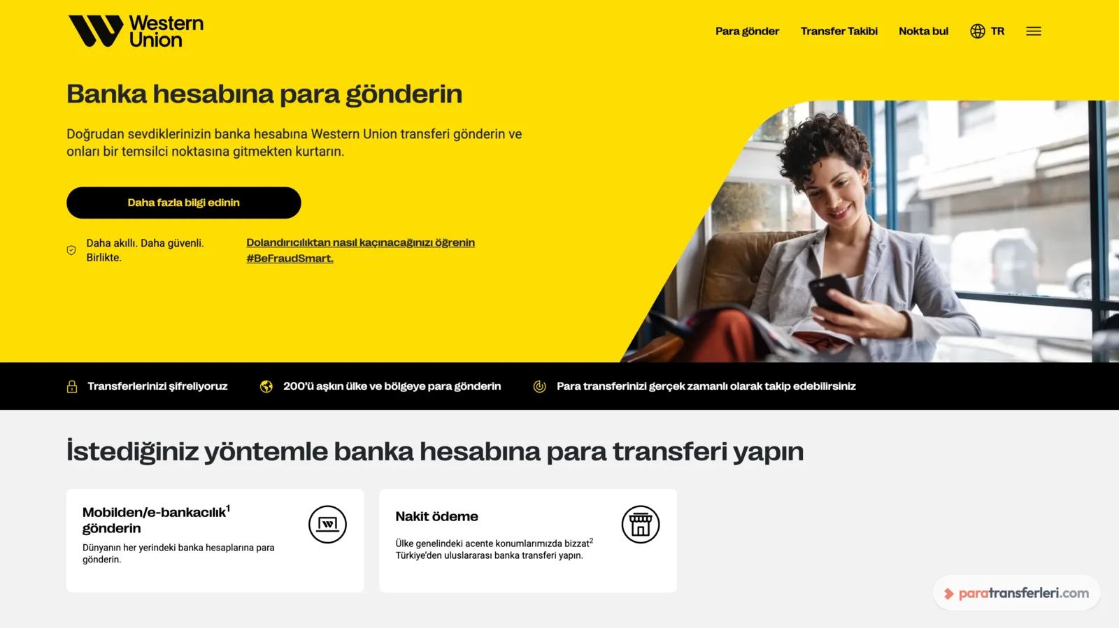 Western Union Türkiye sayfası: banka hesabına gönderim, mobil ve nakit ödeme seçenekleri