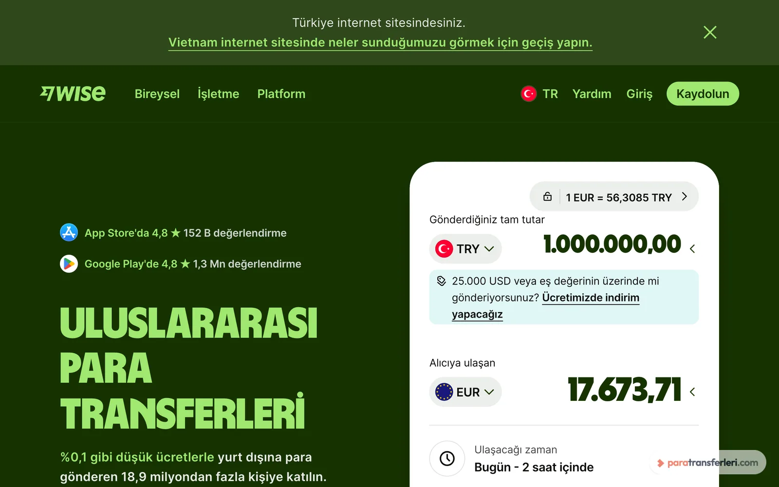 Wise para gönderme ekranı: gönderilecek tutar ve para birimi seçimi
