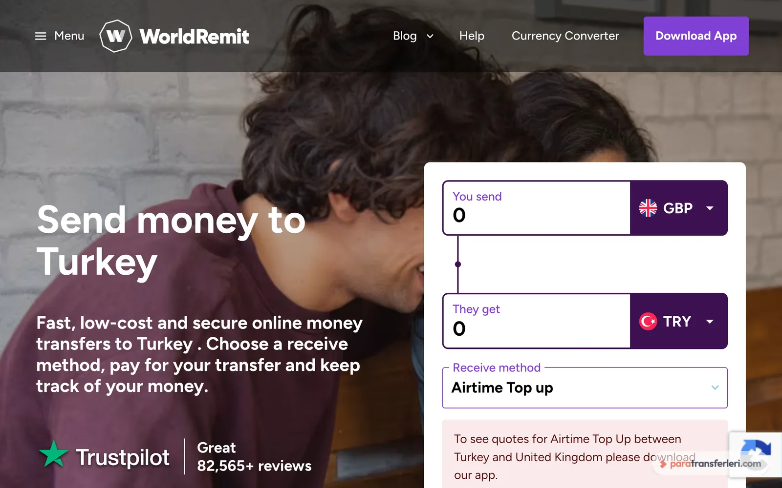 WorldRemit Türkiye gönderim ekranı: tutar, para birimi ve teslim yöntemi